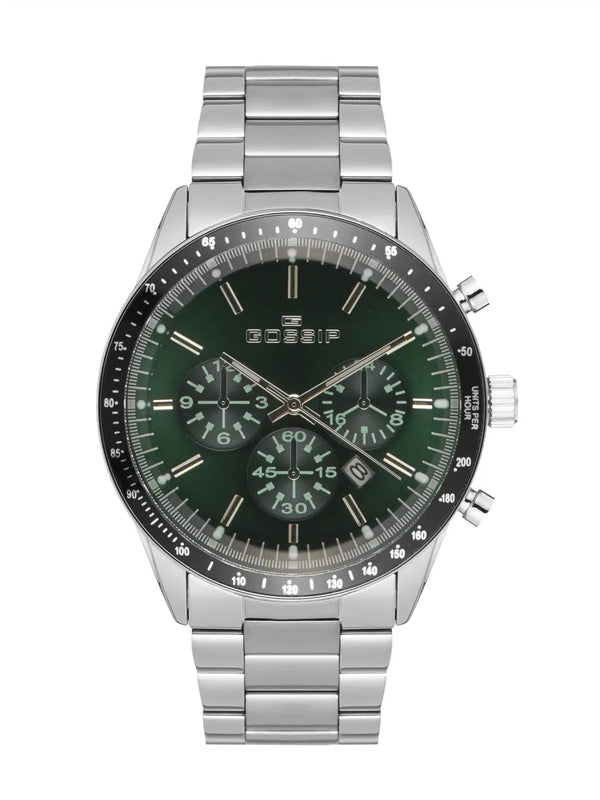 Gossip - שעון GOSSIP עגול כסוף עם לוח ירוק לגבר